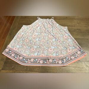 Cato Floral Print Tank Top in Tan, Pink and Blue with Tied Keyhole in the Back